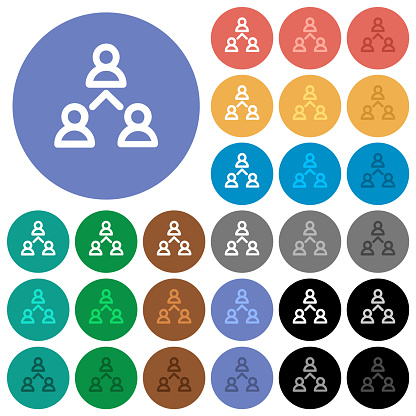 Networking business group outline multi colored flat icons on round backgrounds. Included white, light and dark icon variations for hover and active status effects, and bonus shades.