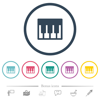 Piano keyboard solid flat color icons in round outlines. 6 bonus icons included.