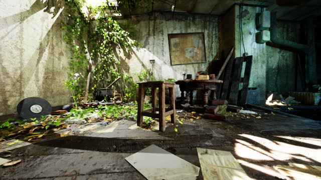 An abandoned room filled with overgrown plants and scattered debris