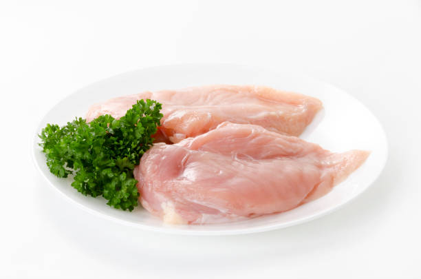 istock Raw Chicken breast with parsley on a  dish on white background 2148697202