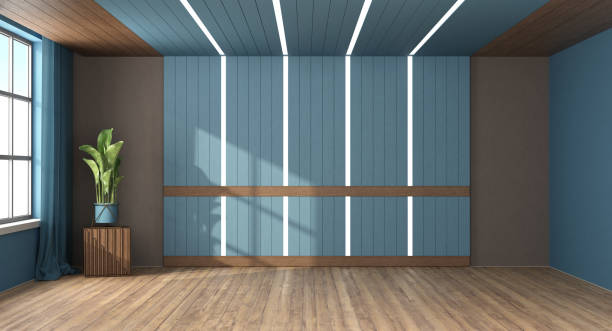 istock Modern empty room with blue walls and wooden paneling 2148697239