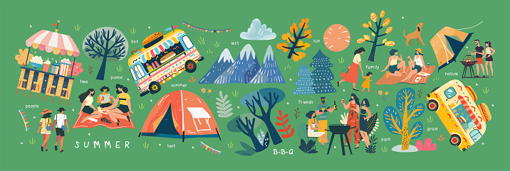 Summer festival, picnic and barbecue. Vector illustrations of park, nature, trees, resting walking people on weekends and holidays, family, camping tent, fair, bus stand selling burger and popcorn