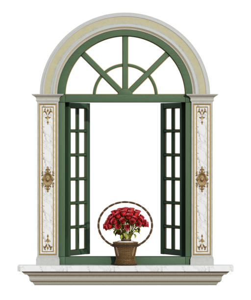 istock Elegant classic window design with red roses isolated on white 2148697259