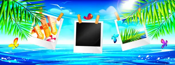 Vector illustration of Summer exotic vacation concept in cartoon style. Instant photos with empty space with palm leaves against a seascape background with butterflies. Stylish tropical vector template.