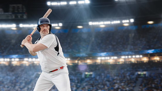 Aesthetic Shot of Batter Successfully Hitting A Ball Thrown By Pitcher on Big Stadium With Crowd Cheering. International Baseball Championship Match on Arena Full of Fans Supporting Favourite Team