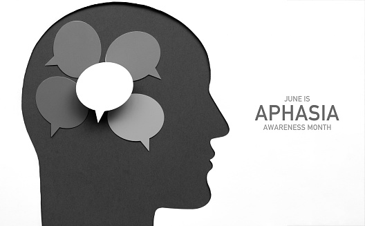June Is Aphasia Awareness Month. Head shape and speech bubble.