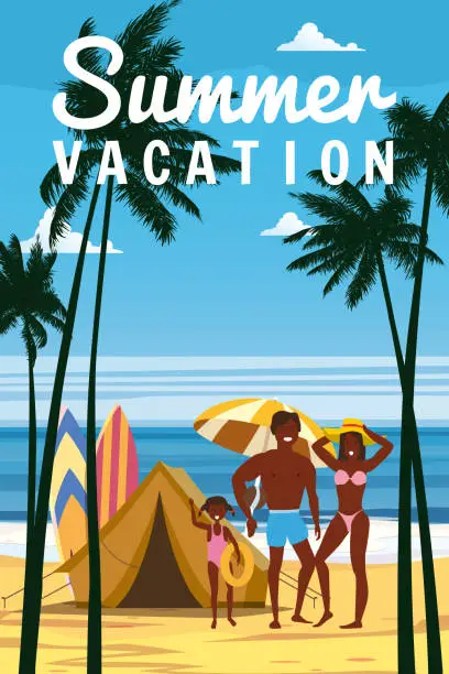 Vector illustration of Poster Happy Family vacation on the resort tropical beach