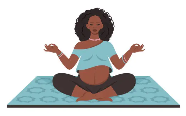 Vector illustration of Pregnant mother practicing prenatal yoga. Pregnant african woman doing yoga on mat. Mom with belly meditation, relaxing. Healthy lifestyle, bodycare, care for future child. Vector illustration