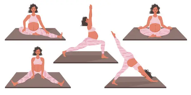 Vector illustration of Pregnant yoga. Group of pregnant women meditating, relaxing  in lotus pose, doing exercises in asana. Physical training for future mothers. Healthy lifestyle, bodycare, care for future child. Vector