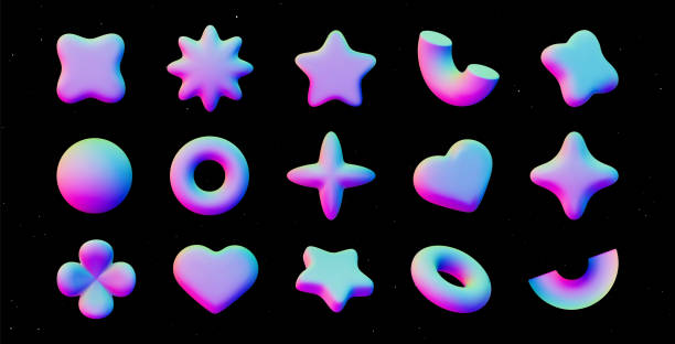 istock Set of 3D inflated geometric shapes, holographic elements for Y2K style design. Vector 3D rendered shapes in retro futurism aesthetics. 2148700242