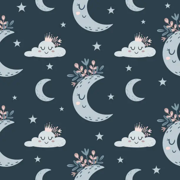 Vector illustration of Seamless pattern with moon, star, cloud in flat style. Celestial digital paper. Hand drawn vector pattern