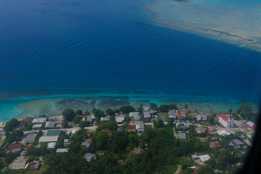 French Polynesia - November 9, 2022. An aerial view of the lagoon of Rangiroa.