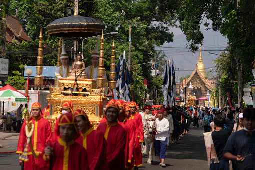 Songkran Festival is celebrated in a traditional of bathing the Buddha Phra Singh marched on an annual basis in Chiang mai, Thailand.