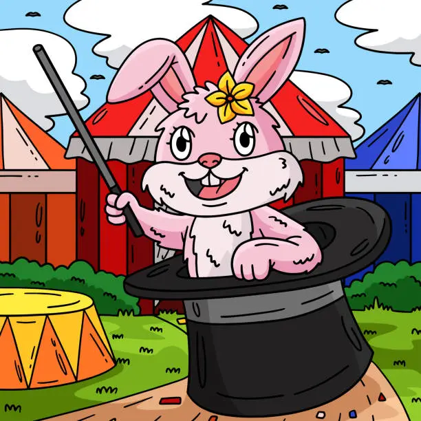 Vector illustration of Circus Rabbit in a Magician Hat Colored Cartoon