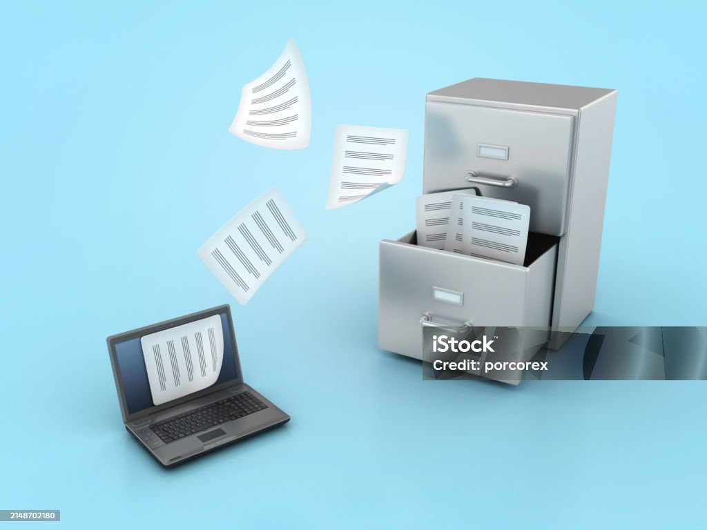 Archive In Computer Archives With Folders And Computer Laptop Sharing Documents Stock Photo ...