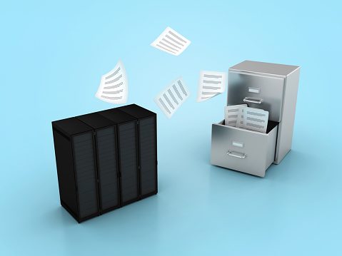 Archives with Folders and Servers Sharing Documents - Colored Background - 3D Rendering