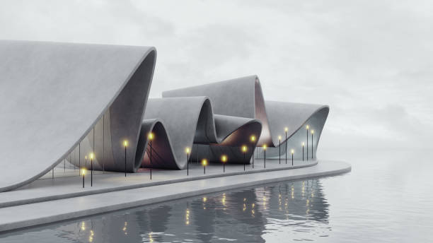 istock Futuristic architecture design on waterfront. 3D render of modern building with smooth curves. Overcast sky and serene water reflection. Concept of modern architecture and design. 2148703237