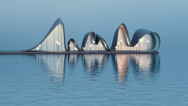 istock Modern fluid architecture building with wavy design on tranquil sea at dusk. 3D render of a contemporary structure with reflection on water. Minimalist architectural design concept. 2148703241