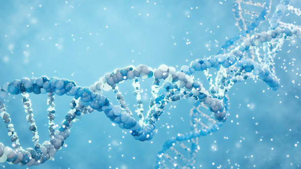 3D render of DNA double helix with glowing particles. Biotechnology and scientific concept for genetic research and molecular science
