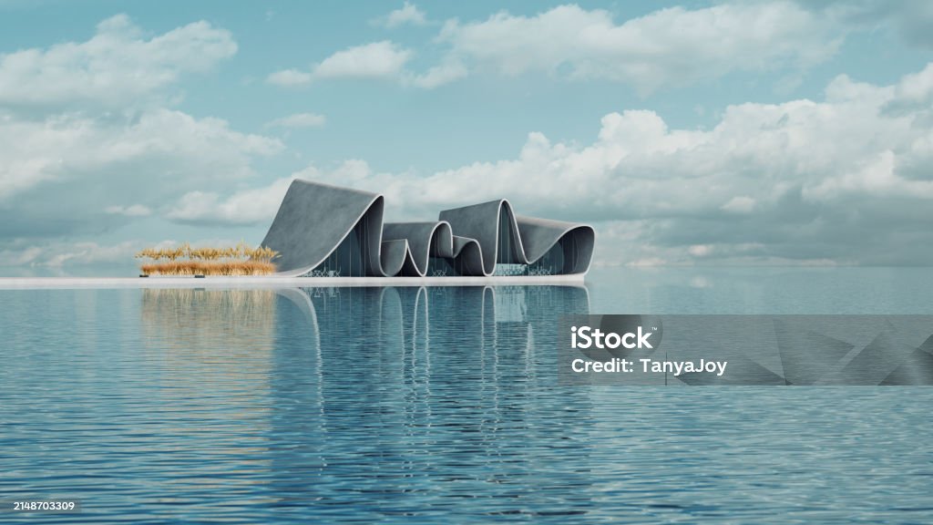 Waterfront Rendering Background Modern Wavy Buildings On A Waterfront 3d Render Of Futuristic ...