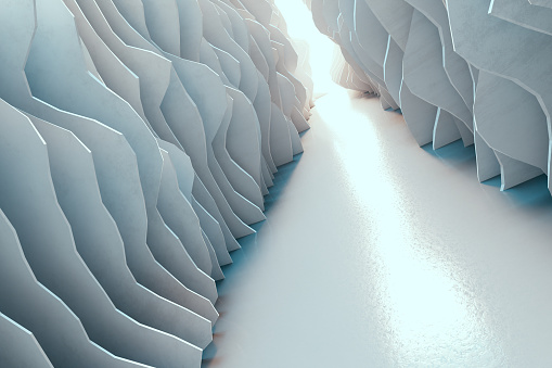 Abstract geometric canyon with reflective surface illuminated by soft sunlight, featuring a smooth, glistening surface and towering icy walls with angular patterns.. 3D render of a futuristic landscape
