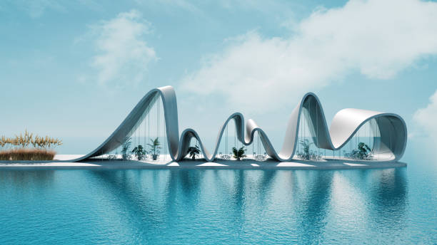 istock Futuristic wavy architecture on the ocean. 3D render of modern pavilion with blue sky and water. Conceptual design structure for leisure and travel theme. Wide angle view with place for text 2148703317