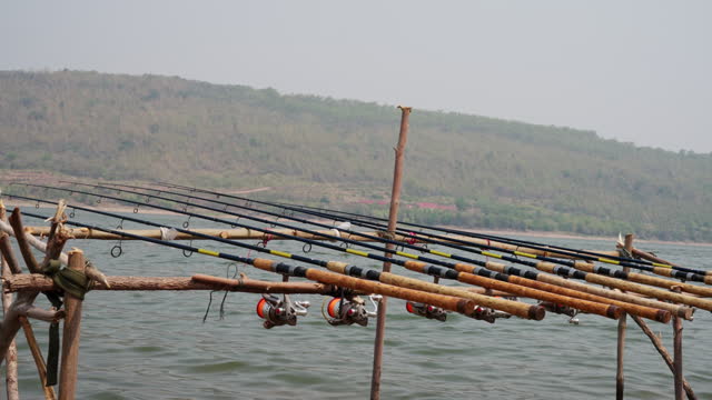 A row of fishing rods are hanging on a wooden structure over the water