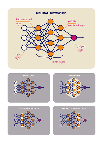 Scheme of neural networks with signatures. Input, hidden and output layers, fully connected and partially connected layers. Vector illustration.