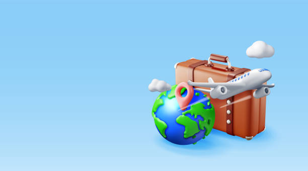 istock 3d vintage travel bag, globe and airplane 2148705024