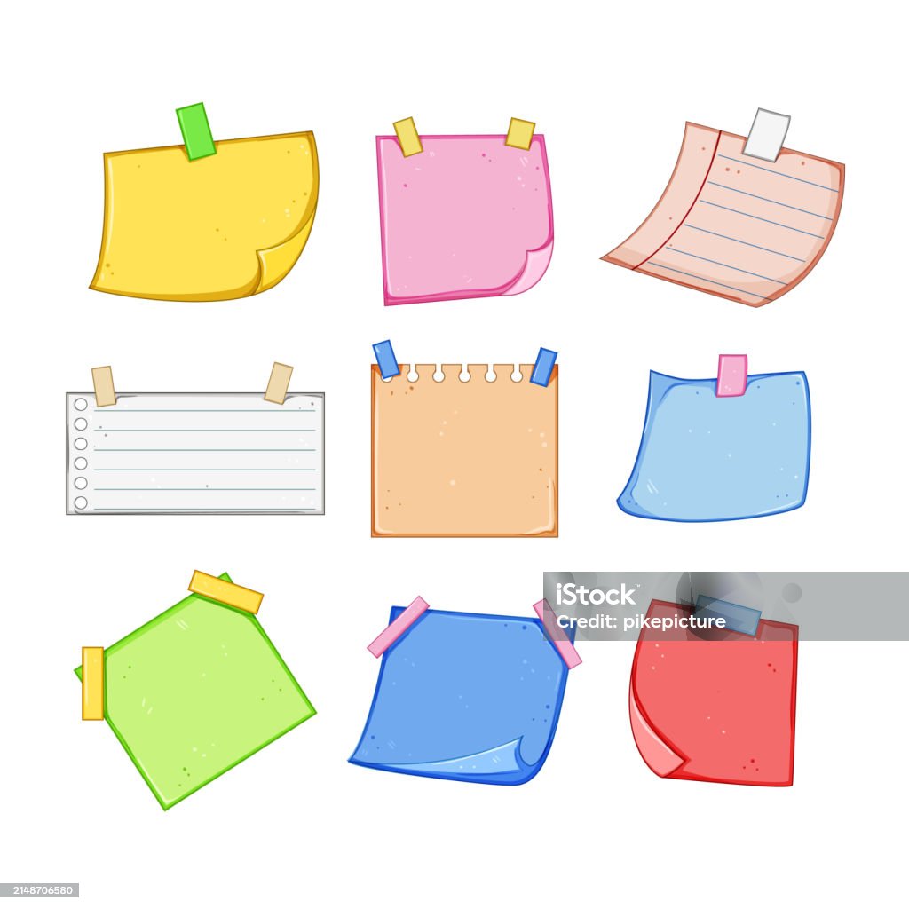 Notes List Cartoon Pinned Paper Notes Set Cartoon Vector Illustration Stock Illustration ...