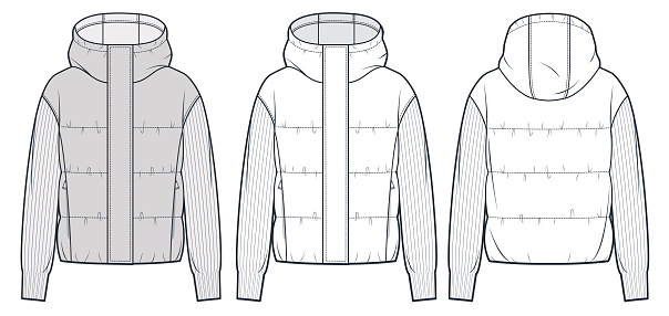 Down Hood Jacket technical fashion Illustration. Padded Cardigan, Jacket with knitted Sleeves fashion flat technical drawing template, pocket, front and back view, white, grey, women, men, unisex CAD mockup set.