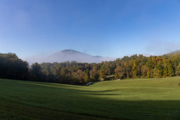 istock Early morning landscape with expansive meadow freshly mowed, mountain and low clouds beyond before blue sky 2148707451