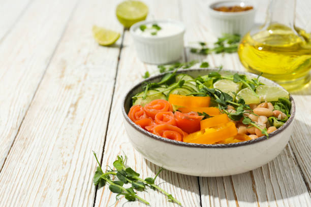 Bowl with tasty and nutritious food, space for text
