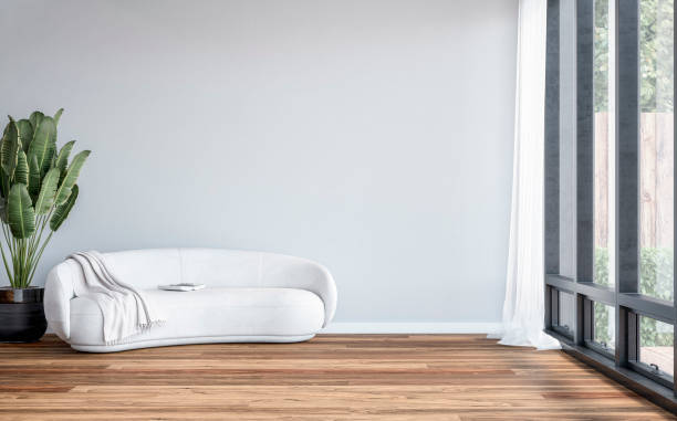 istock A front view of a modern empty semi-furnished interior with a white  rounded sofa in front of an empty wall bakground, a potted plant ficus, a garden view through windows in the background 2148708759