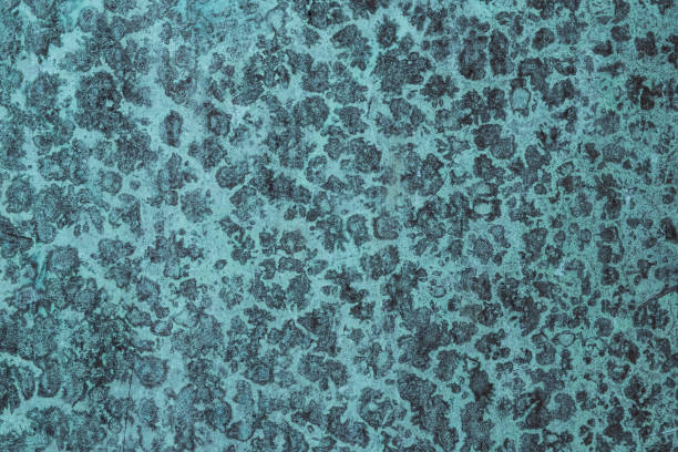 Close-up of a copper surface covered with verdigris.