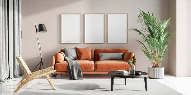 istock Three frame mockup, Home interior background, modern living room, blank wall, 3D render 2148709511