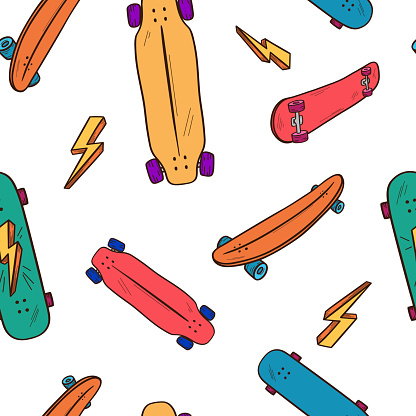 Bright vector seamless pattern with hand drawn skateboards, longboards on white background