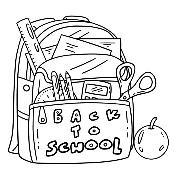 First Day of School Back to School Bag Isolated A cute and funny coloring page of a Back to School Bag with Apple. Provides hours of coloring fun for children. To color, this page is very easy. Suitable for little kids and toddlers. back to schoo stock illustrations