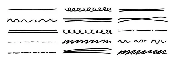 Vector illustration of Set of pen lines, marker underline. Vector marker strokes. Hand drawn collection of doodle scribbles