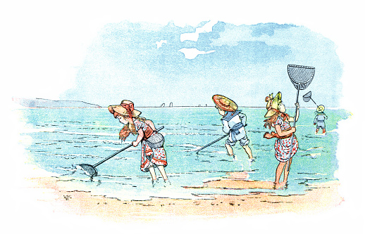 A group of French children catching shrimps in the shallow waters of a beach. From “Les Vacances de Bob et Lisette” by Paul Bilhaud, illustrated by Job; published by Librairie Hachette et Cie., 1894
