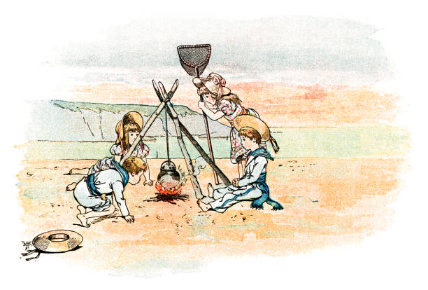 On a beach at sunset, a group of French children cooking the shrimps that they have caught that day. From “Les Vacances de Bob et Lisette” by Paul Bilhaud, illustrated by Job; published by Librairie Hachette et Cie., 1894.