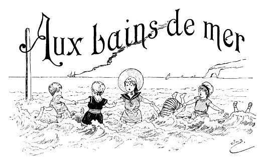 A group of French children holding hands as they attempt to go swimming in the sea. Unfortunately, some of the littlest ones are being washed underwater by the waves! From “Les Vacances de Bob et Lisette” by Paul Bilhaud, illustrated by Job; published by Librairie Hachette et Cie., 1894.