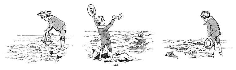 A series of three illustrations showing a little French boy sailing a toy yacht in the sea. In the first, he places the yacht, containing a small figure - presumably, the captain - in the sea. In the second, he rejoices and waves his handkerchief as the little boat sails away but in the third he laments its fate - washed up upon the shore, with the captain appearing lifeless. The illustrations can be used singly or together. From “Les Vacances de Bob et Lisette” by Paul Bilhaud, illustrated by Job; published by Librairie Hachette et Cie., 1894.