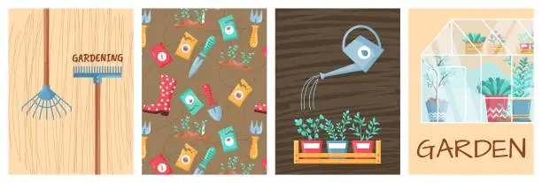 Vector illustration of Garden cards. Growing plants at home. Flowers cultivation in greenhouse. Gardening equipment. Shovel and rake. Watering can. Seedlings in pots. Seeds planting. Vector farm banners set