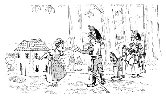 Two French boys, dressed as soldiers, arrive at a small playhouse belonging to a little girl, with their ‘Billet de Logement’ (accommodation ticket), requesting that they be billeted (stay) in her house for the duration of their war. She appears to be welcoming them. From “Les Vacances de Bob et Lisette” by Paul Bilhaud, illustrated by Job; published by Librairie Hachette et Cie., 1894.