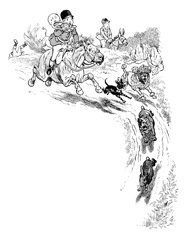 A group of French children out hunting rabbits (or anything else they can find) with a pack of assorted dogs. It appears that only one is lucky enough to have a pony - the other two have to make do with donkeys! From “Les Vacances de Bob et Lisette” by Paul Bilhaud, illustrated by Job; published by Librairie Hachette et Cie., 1894.