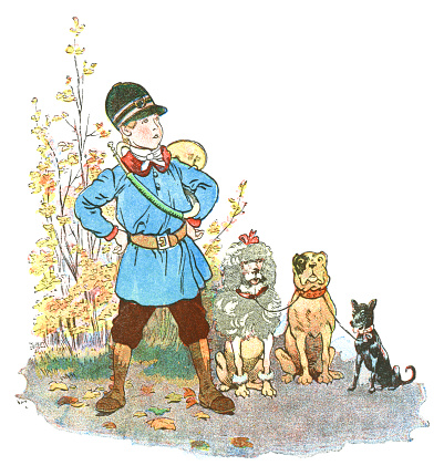 A young French boy preparing to go out hunting rabbits (or anything else he can find) with a pack of assorted dogs - a French poodle, a bulldog and something of indeterminate breed. From “Les Vacances de Bob et Lisette” by Paul Bilhaud, illustrated by Job; published by Librairie Hachette et Cie., 1894.