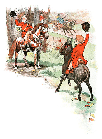 Two young French boys dressed in their hunting clothes greet each other as they prepare for a day hunting rabbits (or anything else they can find). It appears that only one is lucky enough to have a pony - the other has to make do with a donkey! From “Les Vacances de Bob et Lisette” by Paul Bilhaud, illustrated by Job; published by Librairie Hachette et Cie., 1894.