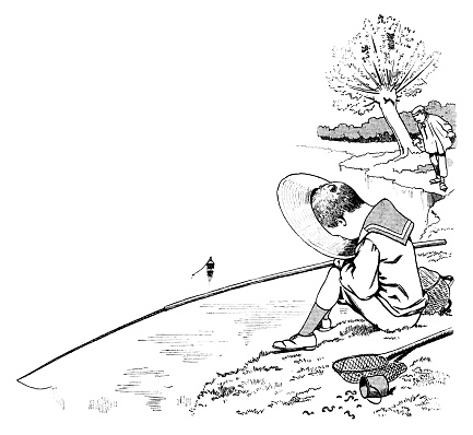A little French boy fishing on a riverbank has fallen asleep - and his face is buried in his hat! From “Les Vacances de Bob et Lisette” by Paul Bilhaud, illustrated by Job; published by Librairie Hachette et Cie., 1894.