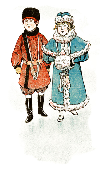 A little French boy and girl taking tentative steps onto the ice as they prepare to go ice skating in winter. He wears a Cossack-style outfit and she carries a large fur muff: they are both carrying their skates. From “Les Vacances de Bob et Lisette” by Paul Bilhaud, illustrated by Job; published by Librairie Hachette et Cie., 1894.